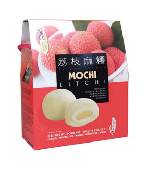 Packaging of Love & Love Lychee Mochi showing the product name, lychee images, and the text 'Product of Taiwan'.