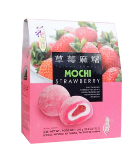 Packaging for Love & Love Strawberry Mochi featuring images of strawberries and the product visible through an open mochi piece.