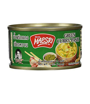 A can of Maesri Green Curry Paste, with an image of the product and its name in Thai script, against a white background.
