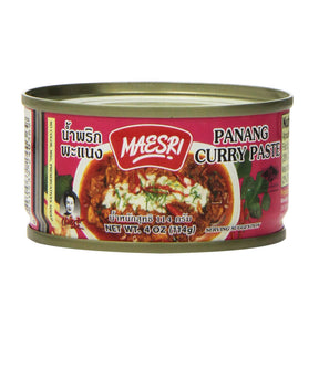 A can of Maesri Panang Curry Paste, showing the product name and an image of a spicy dish with curry.
