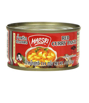 A can of Maesri Red Curry Paste, with product information and branding visible.
