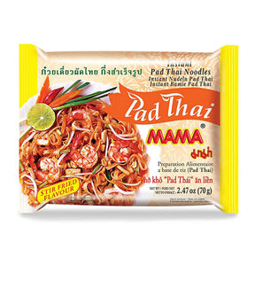Packaging of Mama Instant Pad Thai Noodles showing the product name, weight, and a picture of the prepared noodles with vegetables.