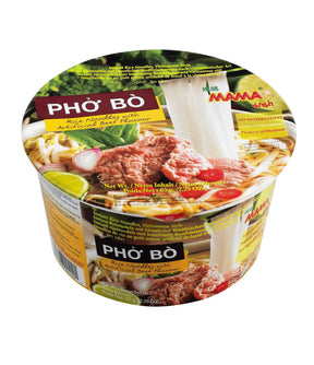 Packaging of Mama Instant Rice Noodles Beef Flavour Pho Bo showing the product name, image of the noodles with beef and vegetables, and the phrase 'Product of Thailand'.
