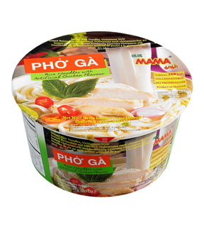 A packaged product of Mama Instant Rice Noodles in Chicken Flavour Pho Ga, showing the noodles and chicken ingredients and the brand's logo.