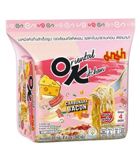 Packaging for Mama - Oriental Kitchen Instant Noodles (Carbonara Bacon) showing the product name, weight (85g), and image of the noodles with bacon and eggs.