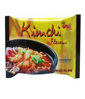 Packaging of 'Mama - Oriental Style Instant Noodles (Kimchi Flavour) 90g' showing the product name, an image of prepared noodles, and various decorative elements like vegetables and spices.