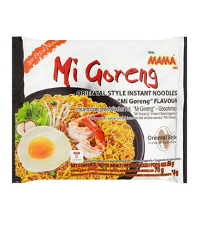 Packaging for 'Mama - Oriental Style Instant Noodles (Mi Goreng Flavour) 80g'. The package displays the product name, image of the noodles with toppings, and nutritional information.