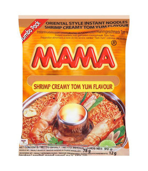 Packaging of Mama brand instant noodles, flavor Shrimp Creamy Tom Yum, weight 90g.