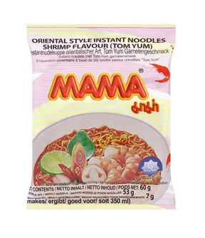 Packaging for Mama - Oriental Style Instant Noodles in Shrimp Tom Yum Flavour, showing the product name, weight, and make date.