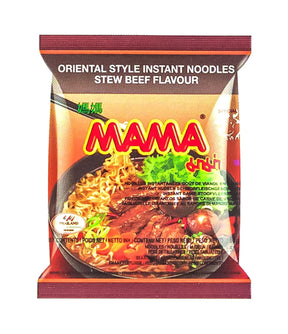 Packaging for Mama Oriental Style Instant Noodles with Stew Beef Flavour. The package is predominantly red and yellow with an image of the noodles and beef on the front.