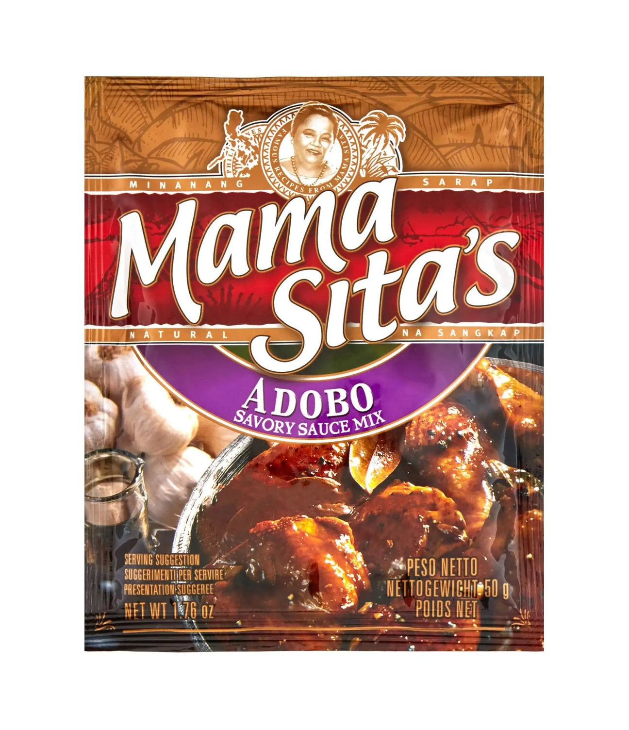 A package of Mama Sita's Adobo Savory Sauce Mix, featuring a brown and red design with a purple banner and an image of cooked adobo chicken.
