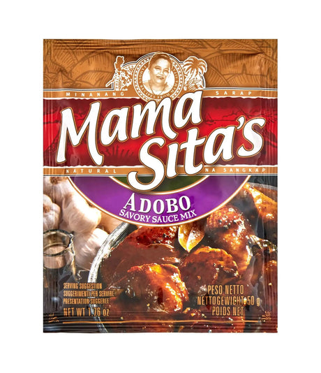 A package of Mama Sita's Adobo Savory Sauce Mix, featuring a brown and red design with a purple banner and an image of cooked adobo chicken.