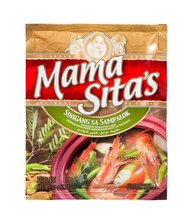 A package of Mama Sita's Sinigang sa Sampalok (shrimp sour soup) powder, featuring a gold and red wrapper with a photo of shrimp in soup on the front.