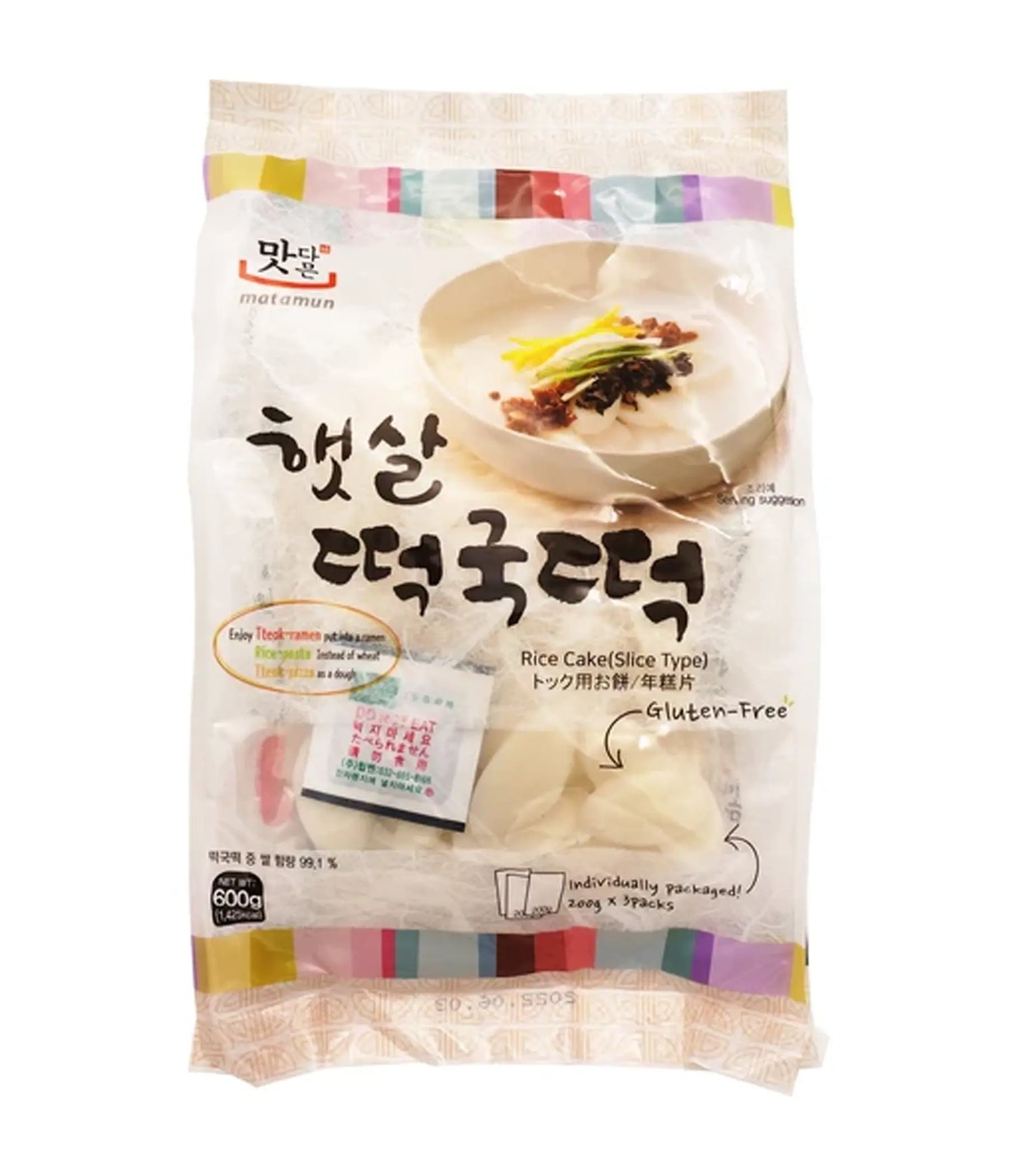 Packaged rice cake with colorful label on a white background