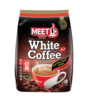 Packaging of Meet U White Coffee 3-in-1 featuring a cup of coffee and coffee beans on the front.