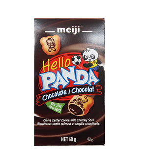 Packaging of Meiji Hello Panda Biscuits with Chocolate Flavored Filling, displaying the product name and an illustration of a panda.