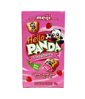Packaging of Meiji Hello Panda Biscuits with Strawberry Flavored Filling, displaying the product name, image of a panda, and strawberries.