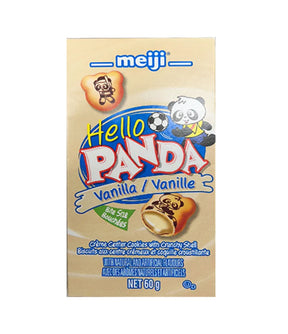 Packaging of Meiji Hello Panda Biscuits with Vanilla Flavored Filling, showing the product name and an illustration of a panda.