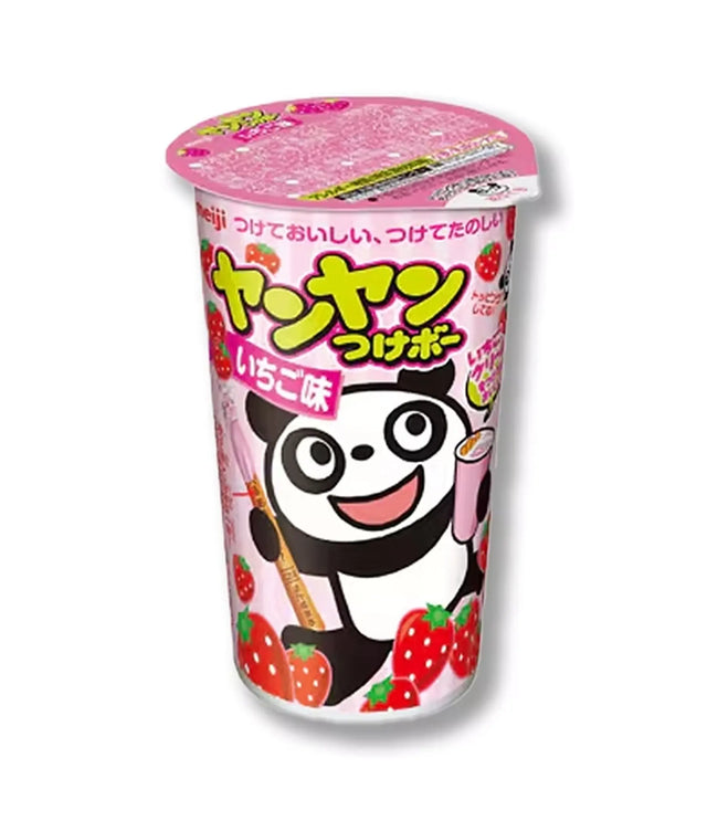 Pink container with a cartoon panda character on a white background