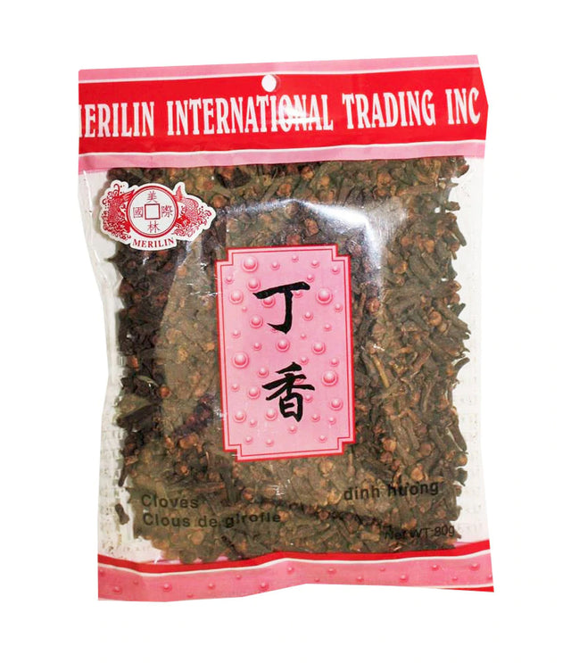 Packaged cloves in a clear plastic bag with a red and white label, indicating it is a product of China, brand Merilin, and weighs 80g.