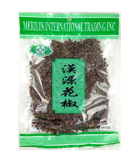 Packaged dried pepper corns labeled Merilin International Trading Inc, with Chinese characters on the label.
