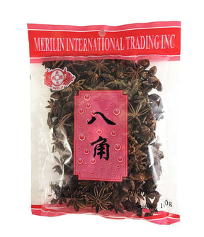 Packaged Star Anise seeds in a clear plastic bag with red and white label featuring Chinese characters.