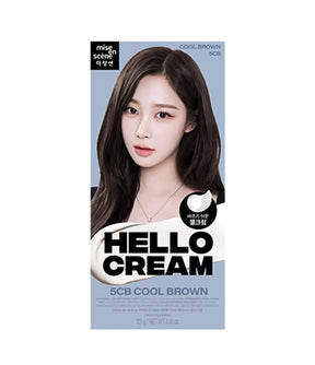 Mise en Scene Hello Cream hair color kit packaging with a model and '5CB Cool Brown' text.