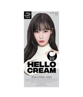Hair dye package with a model and 'Hello Cream' branding on a white background