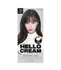 Hair dye package with a model and 'Hello Cream' branding on a white background