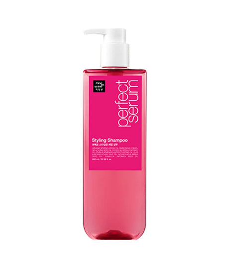 Pink shampoo bottle with pump labeled 'Perfect Serum' on a white background