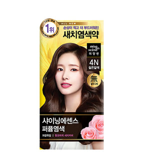 Hair dye packaging with a model and product details on a white background
