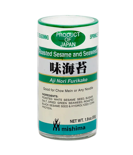 Container of Mishima Aji Nori Furikake seasoning on a white background