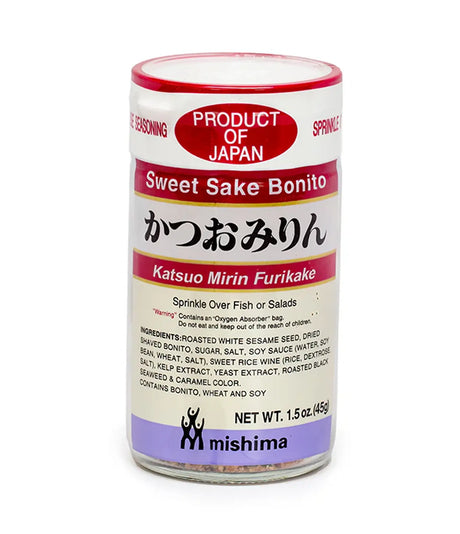 Container of Sweet Sake Bonito seasoning with red and white label on a white background