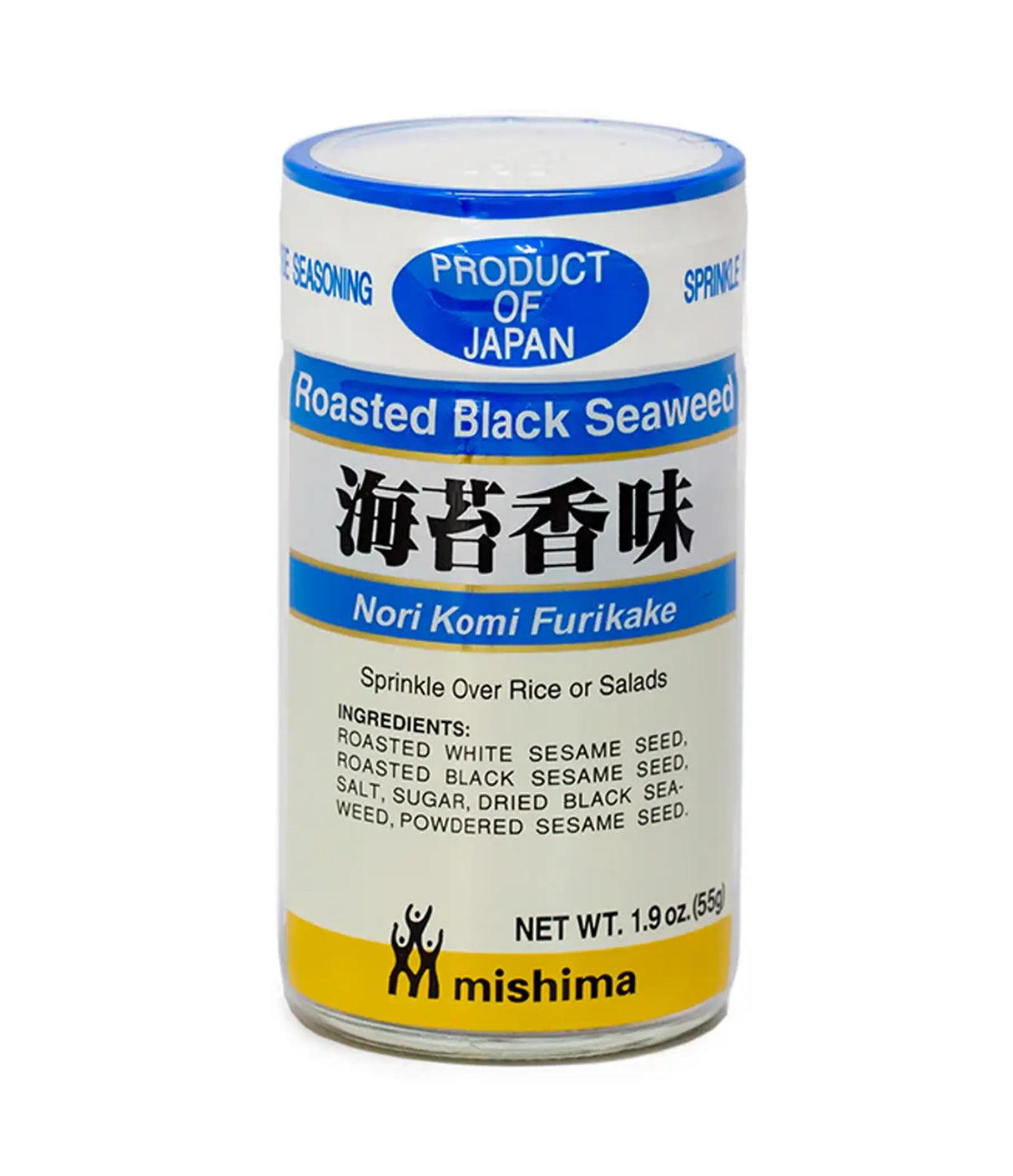 Can of roasted black seaweed seasoning with Mishima branding on a white background