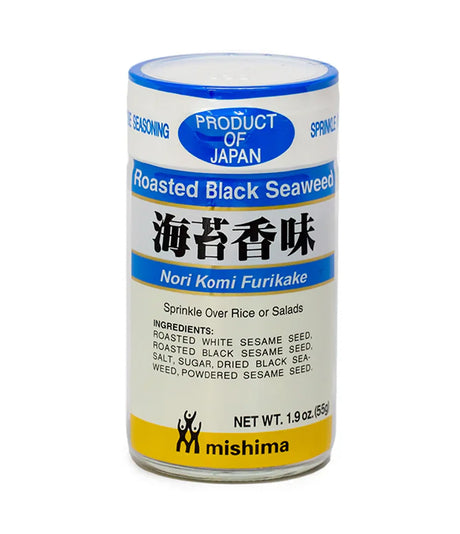 Can of roasted black seaweed seasoning with Mishima branding on a white background