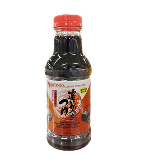 Bottle of Mizkan Oigatsuo Tsuyu Soup Base, 473ml, with Japanese labelling, predominantly black and red in color.