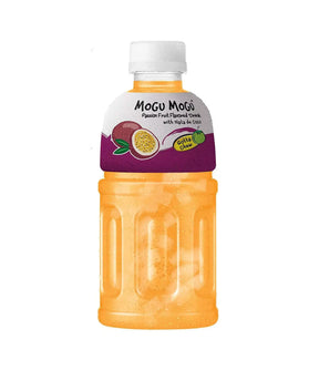 A bottle of Mogu Mogu Passion Fruit Flavored Drink with Nata de Coco, 320ml, with a white label and orange content visible through the transparent bottle.
