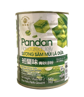 A 19oz can of Pandan Flavoured Jelly from Hong Lee Brand, featuring a white and green label with illustrations of jelly cubes, set against a plain white background.