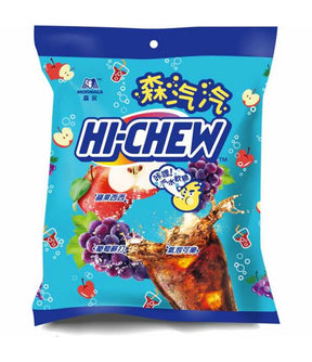A package of Morinaga Hi-Chew candy featuring images of fruit and carbonated soda, indicating flavors such as apple, cola, and grape.