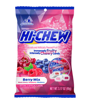 A package of Morinaga Hi-Chew candy in Berry Mix flavor. The bag is predominantly blue with images of the candy and berry illustrations.