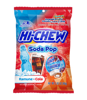 A package of Morinaga Hi-Chew Candy featuring Ramune & Cola flavors. The packaging is predominantly red with images of the candy and branding details.