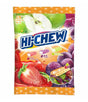 A package of Morinaga Hi-Chew candy featuring images of strawberries, grapes, and green apples, indicating the flavors of the candy.