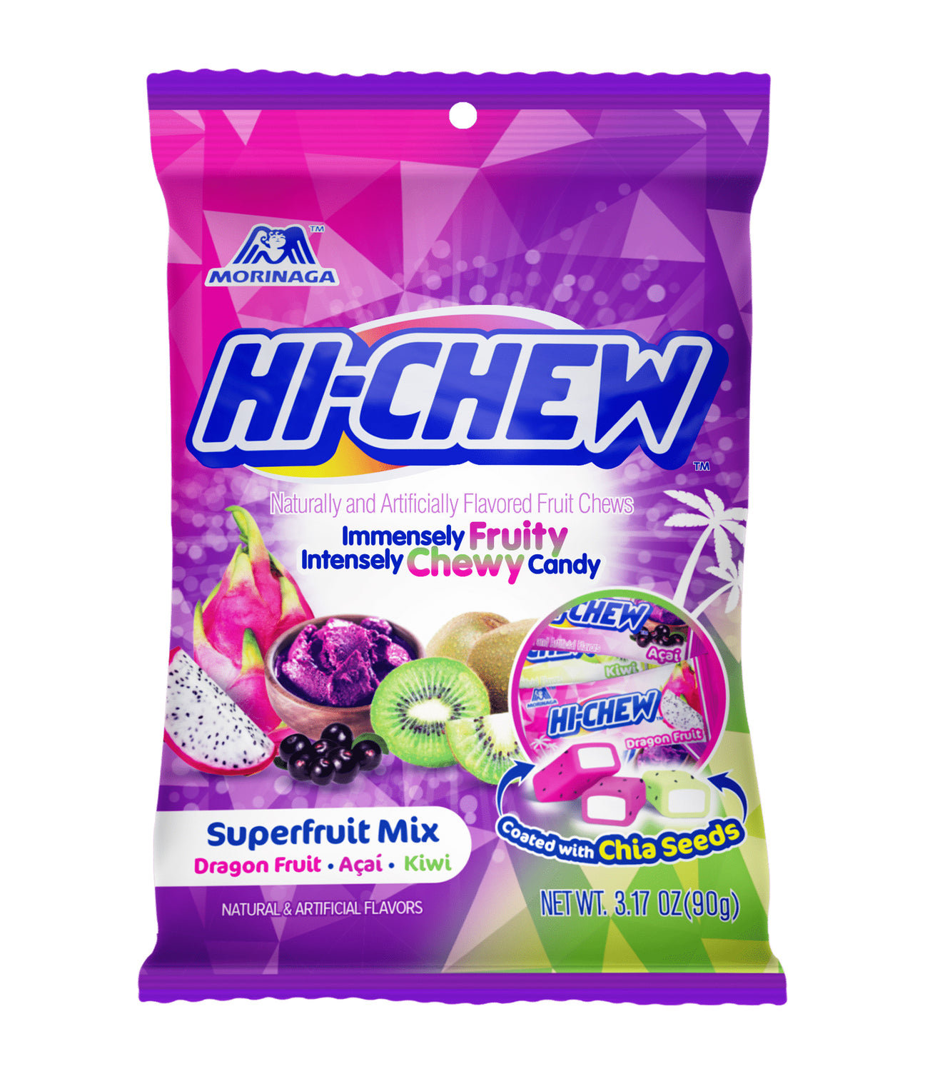A package of Morinaga Hi-Chew candy in Superfruit Mix flavor. The packaging is predominantly purple with images of the candy and fruits such as dragon fruit, acai, and kiwi.