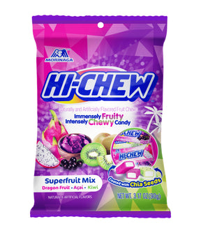 A package of Morinaga Hi-Chew candy in Superfruit Mix flavor. The packaging is predominantly purple with images of the candy and fruits such as dragon fruit, acai, and kiwi.