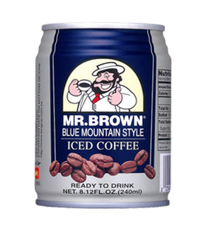 A can of Mr. Brown Blue Mountain Style Iced Coffee with the product name, description, and branding visible.