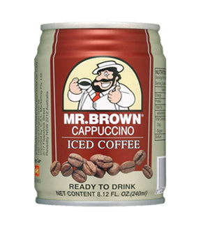 A can of Mr. Brown Cappuccino Iced Coffee with the product name, brand, and an illustration of coffee beans and a cartoon character on the label.