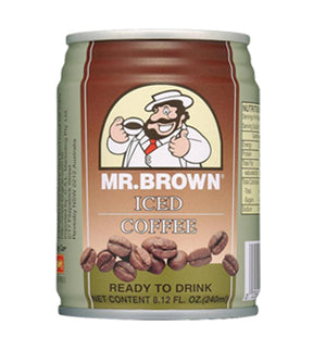 A can of Mr. Brown Iced Coffee with the product name and image of coffee beans prominently displayed.