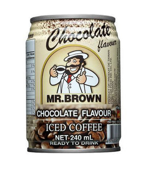 A can of Mr. Brown Chocolate Flavour Iced Coffee with the text 'NET-240ml' highlighted.