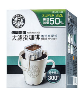 Packaging of Mr. Brown Jumbo Drip Coffee, showing a cup with coffee and text detailing the product size and super size feature.