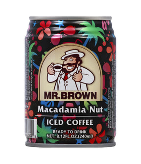 A can of Mr. Brown Macadamia Nut Iced Coffee with a colorful design featuring fruits and the brand's logo.